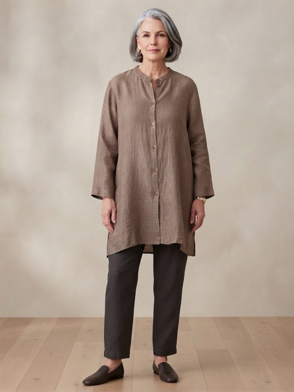 Eileen Fisher Woman 3X Brown Linen Silk Button Down Long Tunic Shirt Top Plus